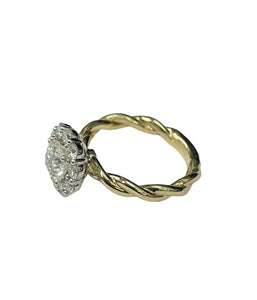 Flower Halo Round Brilliant Diamond Ring Twist Shank 14kt YG