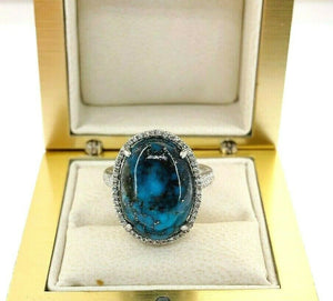 Fine 13.12 Carats Diamond and Natural Blue Turquoise Halo Ring 14K White Gold