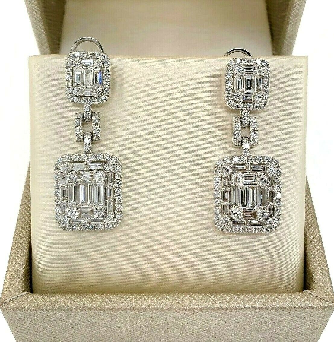 4.21 Carats Invisible Baguette and Round Diamond Halo Earrings 18K White Gold