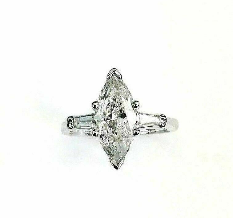 2.10 Carats Classic Marquise and Baguette Engagement Ring 1.89 Center Platinum