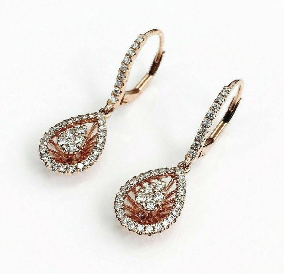 0.54 Carat t.w. Diamond Halo Dangle Earrings 18 Karat Rose Gold Brand New