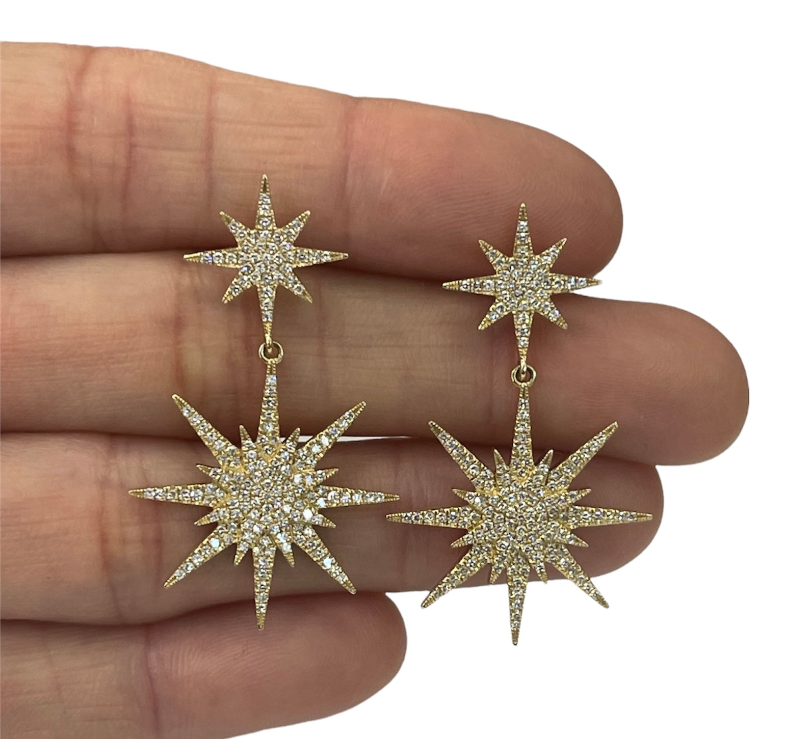 Starburst Round Brilliants Diamond Dangling Earrings Micro Pave Yellow Gold