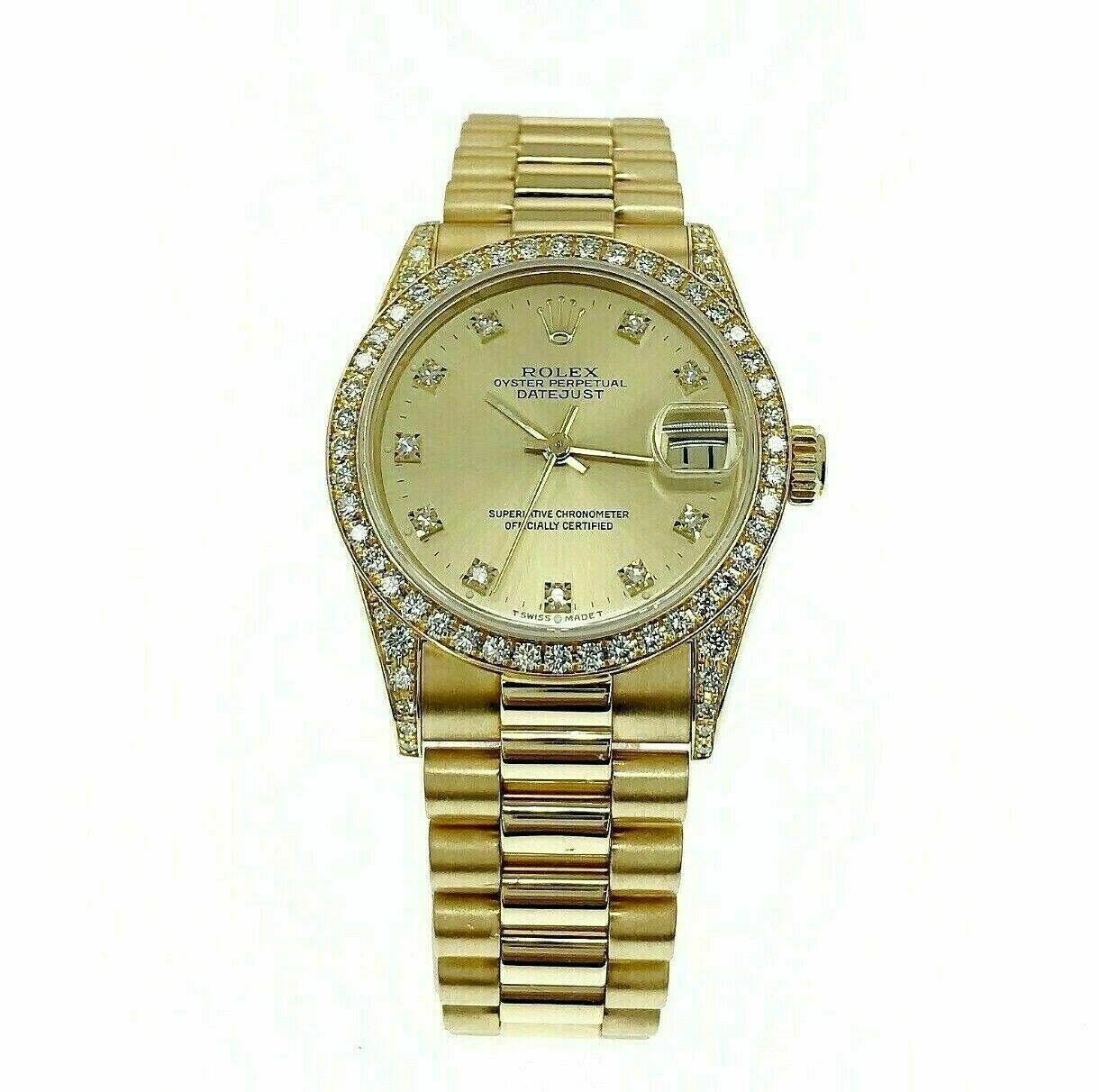 Rare 31MM Rolex President Watch 18 Karat Yellow Gold Ref 68158 Factory Diamonds