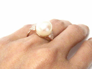 11mm White Pink Pearl w/ Diamond Accents Solitaire Ring 14kt Rose Gold Size 7