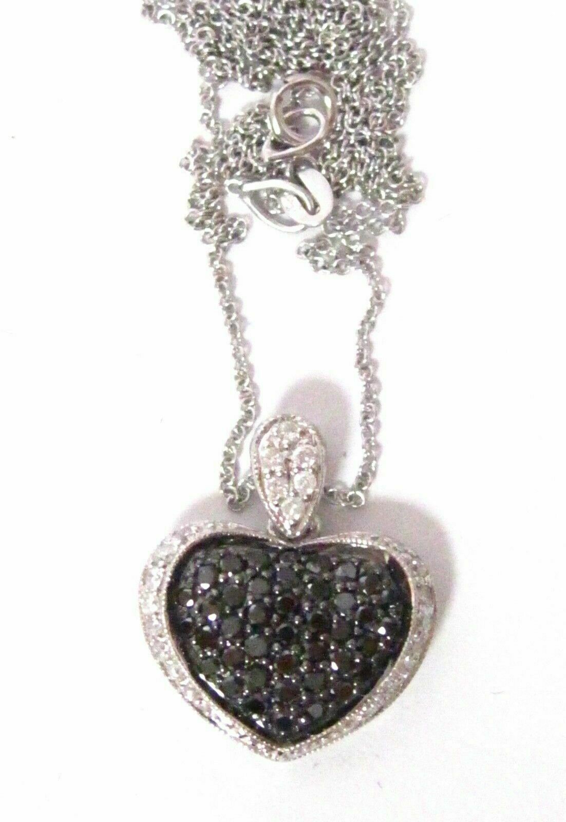 Fine Round Brilliants Black and White Diamond Heart Pendant Necklace 14k WG