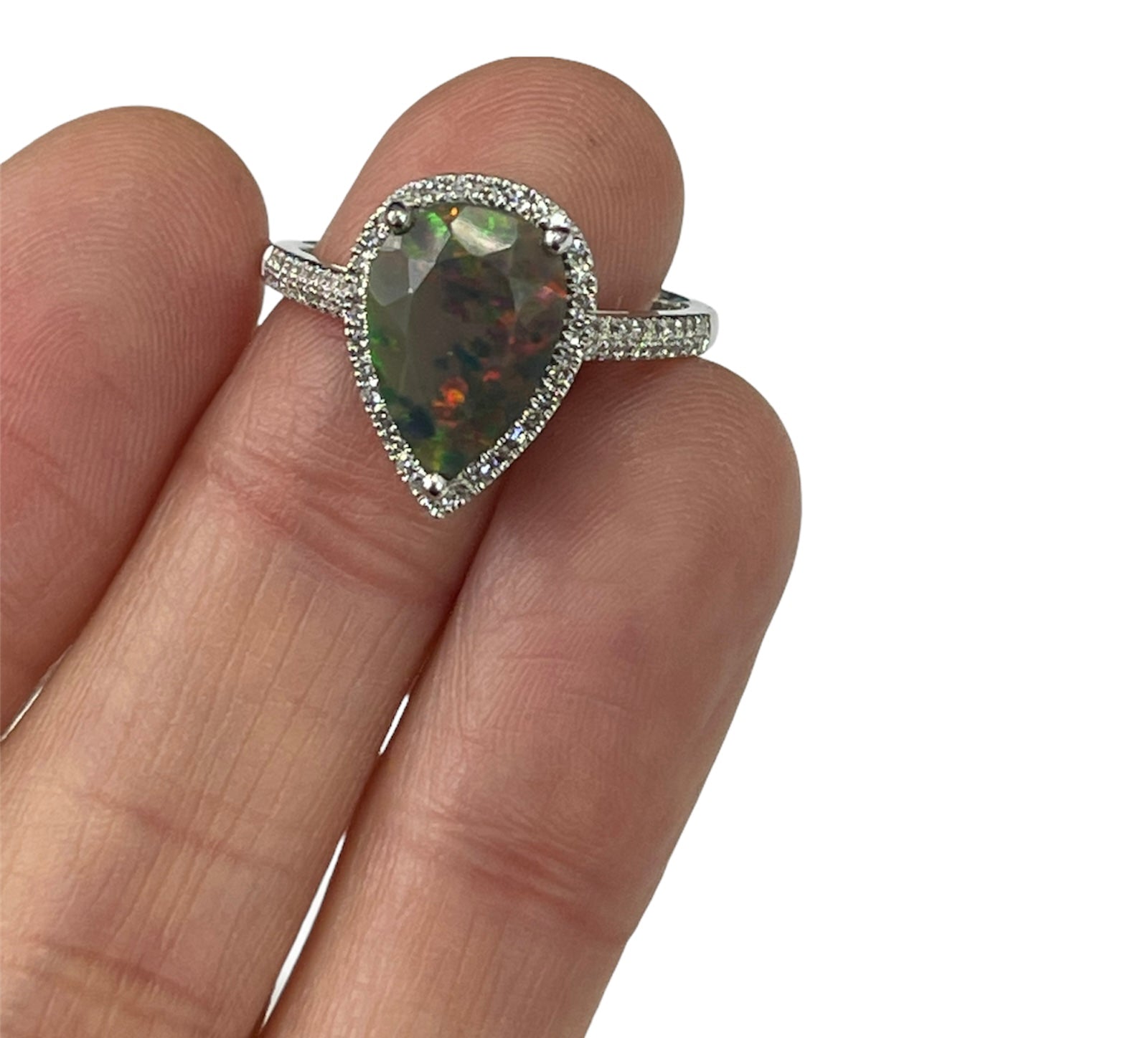 Opal Gem Halo Pear Diamond Ring White Gold 14kt