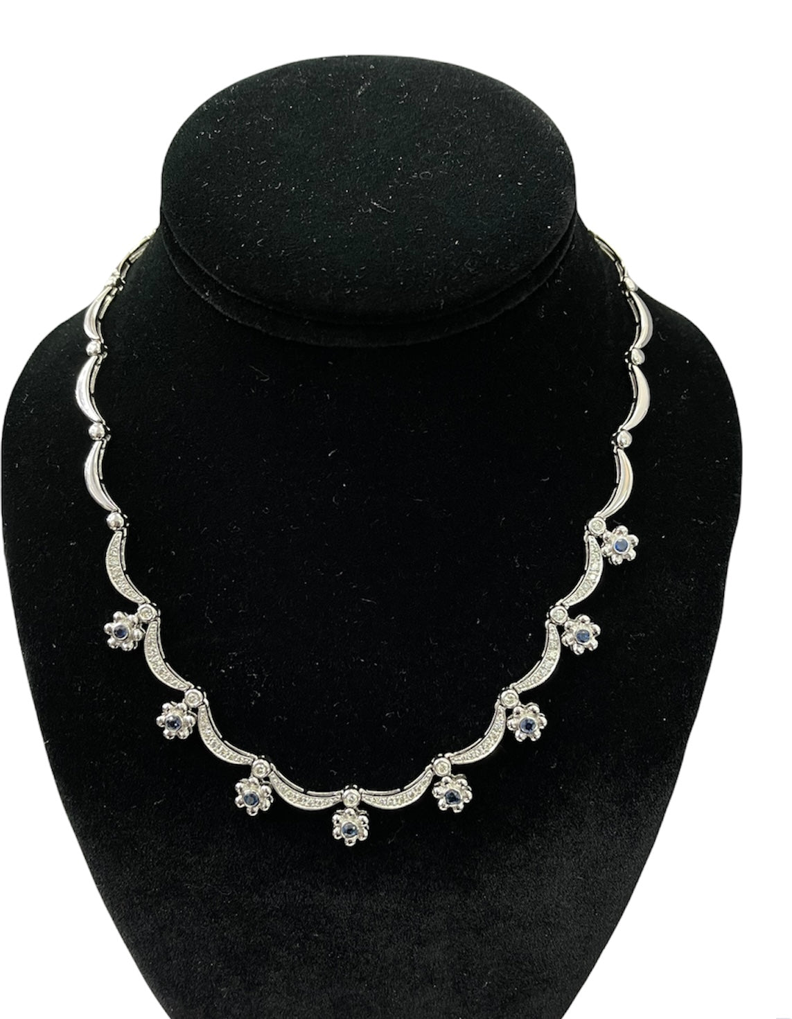 Sapphire Gem Diamond Flower Necklace White Gold 14kt