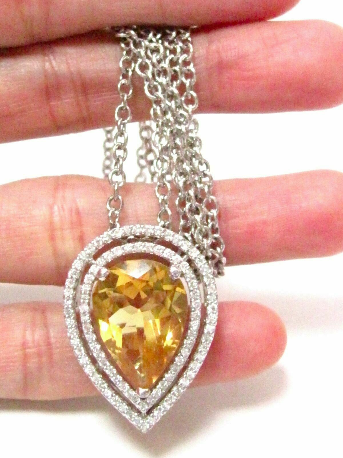 Fine 7.58Ct Natural Pear Citrine Gem & Diamond Pendant Necklace 14k White Gold