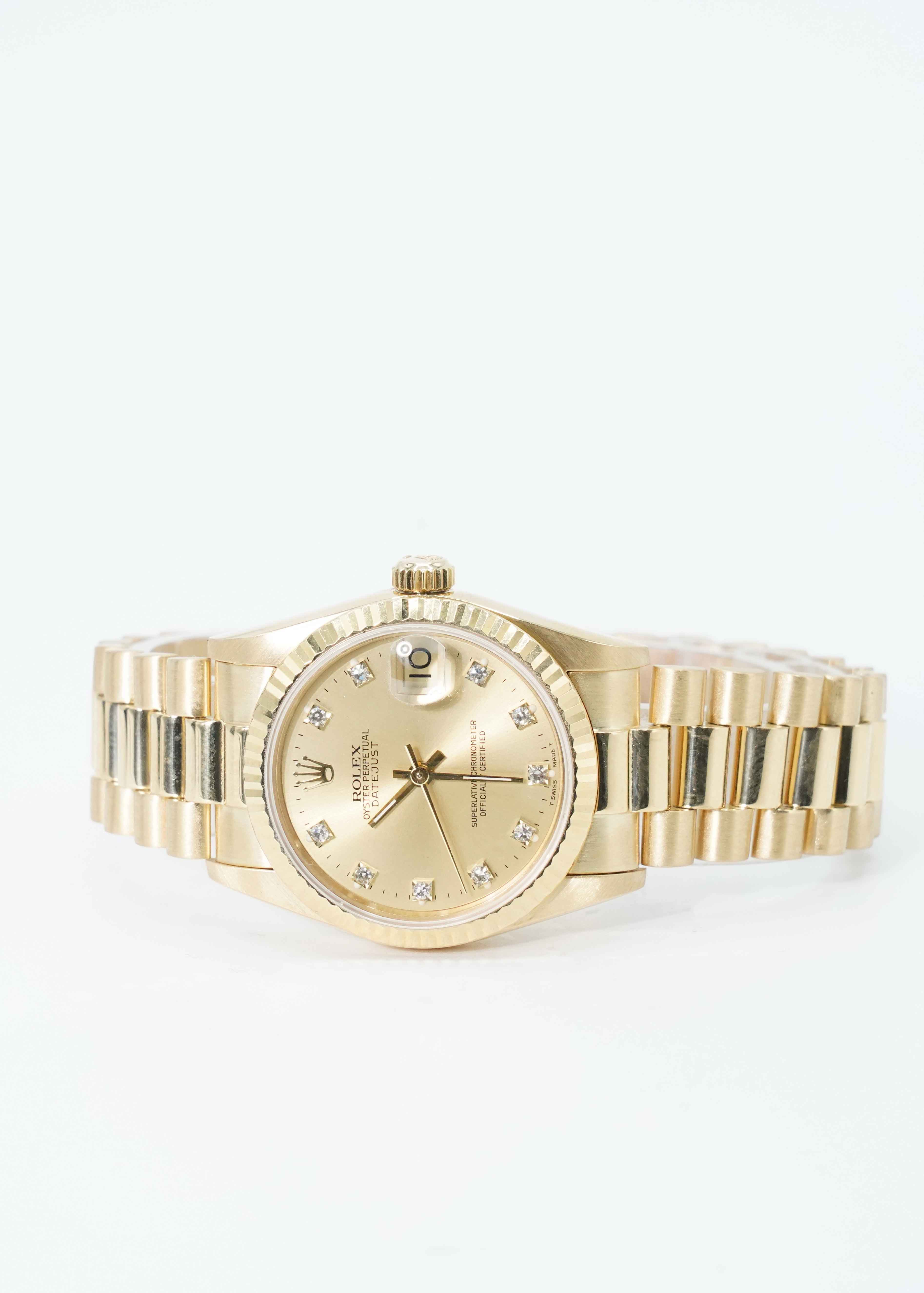 Rolex Lady President 31mm Watch 18 Karat Yellow Gold Ref 68278 Factory Diamonds