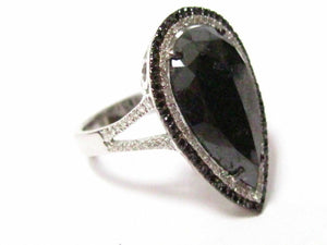 6.36 TCW Natural Pear Shape Black Diamond Cocktail Ring Size 7 14k White Gold