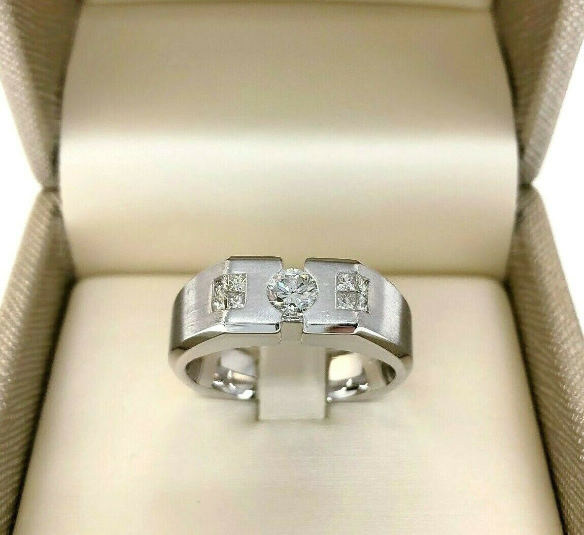 0.80 Carat Men's Invisible/Bezel Set Diamond Ring/Wedding Brushed Band 14K Gold