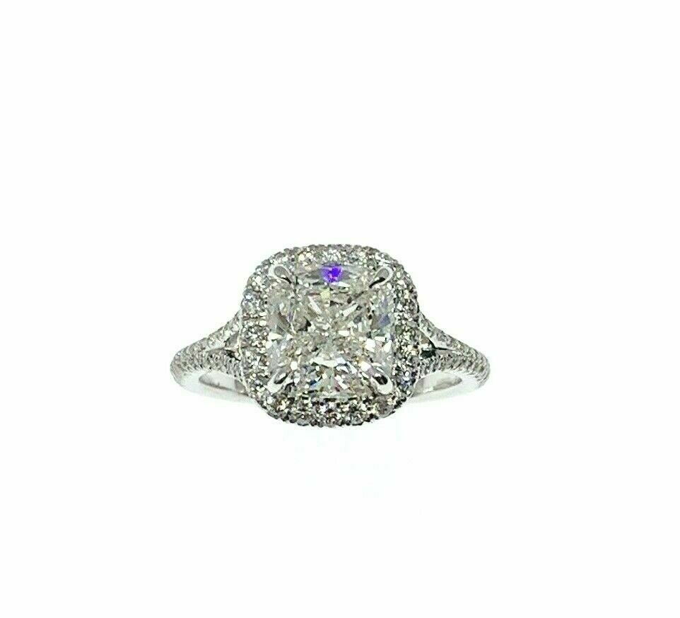3.67 Carats tw Cushion GIA F SI1 Halo Split Platinum Hand Made Engagement Ring