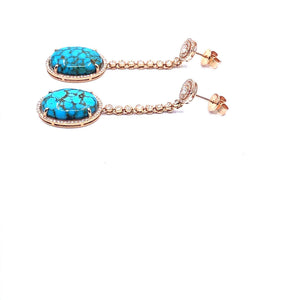 13.33 CARATS DIAMOND AND OVAL SHAPE TURQUOISE DANGLING EARRINGS IN 14K ROSE GOLD