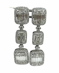 Baguettes Dangling Diaomond Earrings with Round Brilliant Accents 18kt