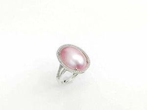 16 mm Pink Oval Pearl Ring with Halo Diamond in 14K White Gold