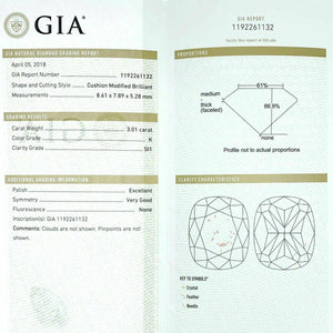 Loose GIA Diamond - GIA 3.01 Carats Cushion Brilliant Cut K SI1 EX VG Cut