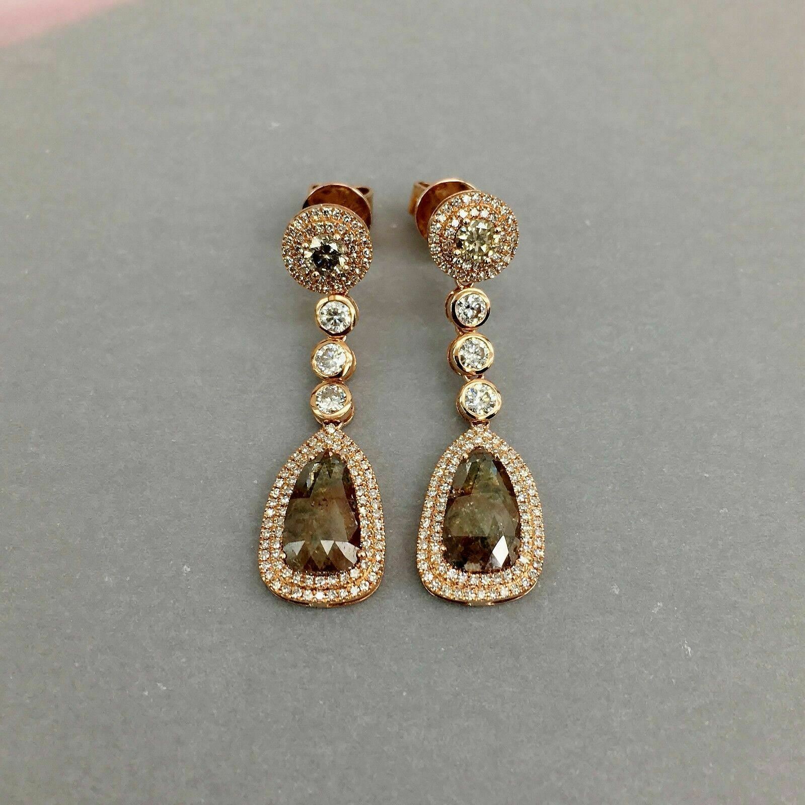 3.67 Carats Double Drop Pears Champagne Diamond Dangling Earrings 14kt Rose Gold
