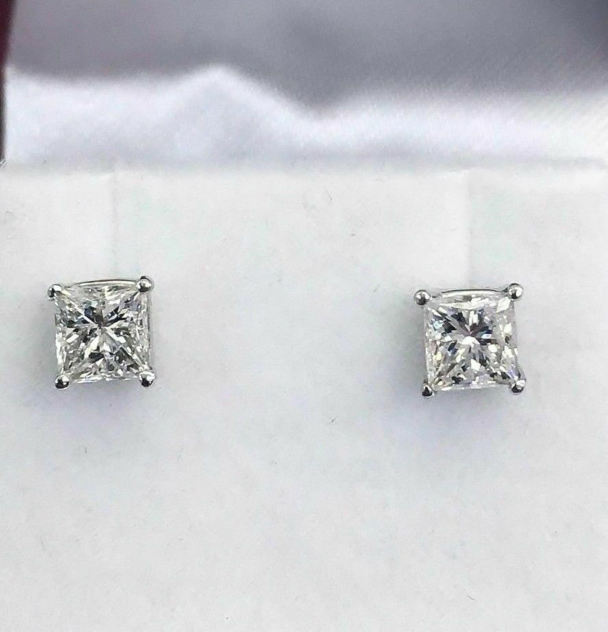 1.20 Carats t.w. Diamond Princess Cut Stud Earrings F Color SI Clarity 14K Gold