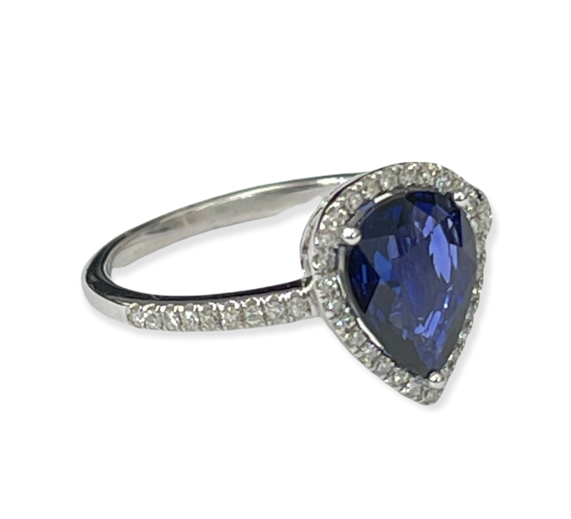 Blue Sapphire Pear Shape Halo Diamond Ring White Gold 14KT