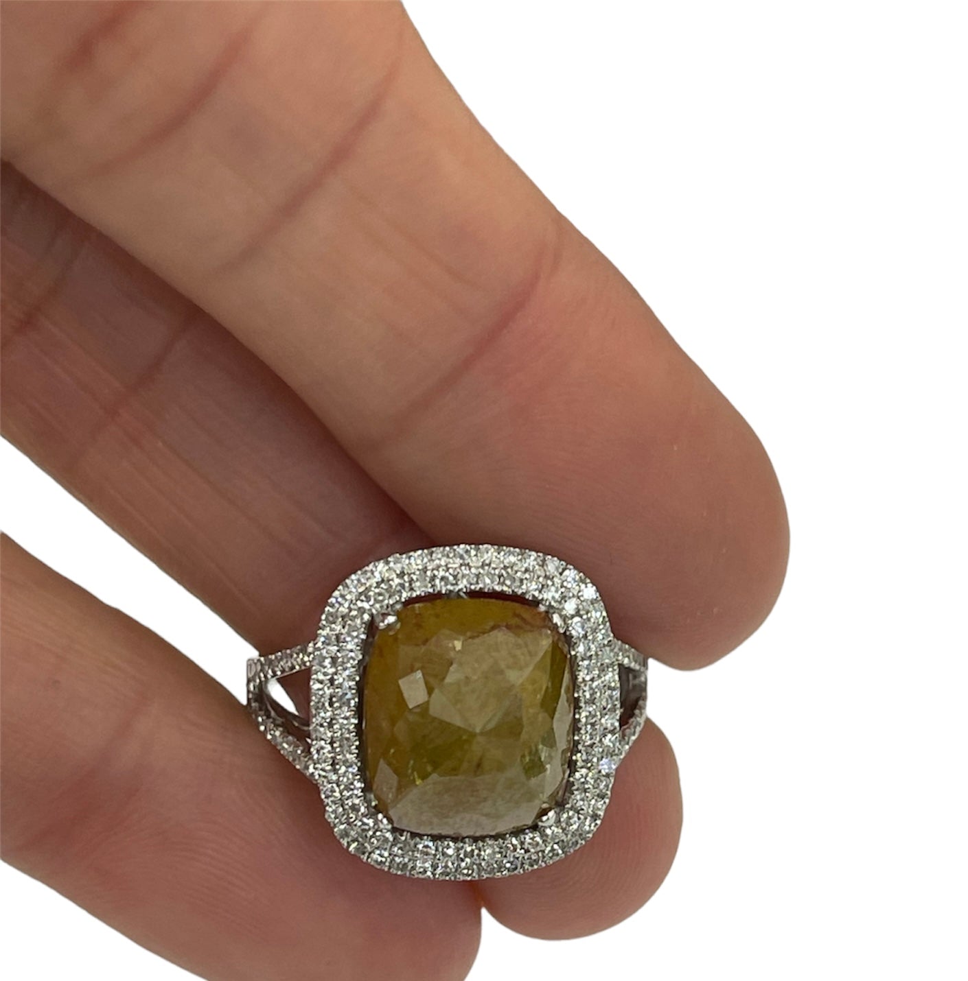 Natural Fancy Green Rustic Cushion Diamond Ring Double Halo White Gold 14kt