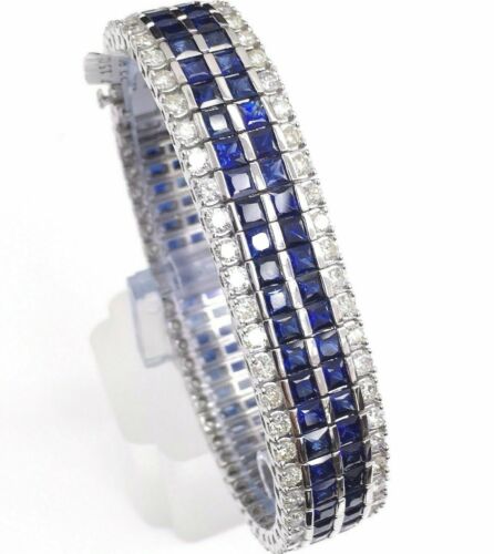 29.75 Carats t.w. Diamond and Sapphire Custom Made Tennis Bracelet 14K Gold 51Gr
