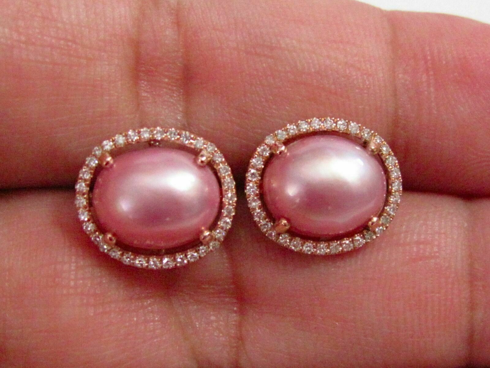 4.10 TCW Oval Pink Pearl & Diamond Stud Earrings Push Back F SI-1 14k Rose Gold
