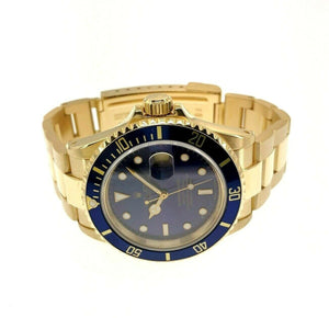 Rolex 40 mm Blue Submariner Solid 18K Yellow Gold Watch Ref # 16618 X Serial