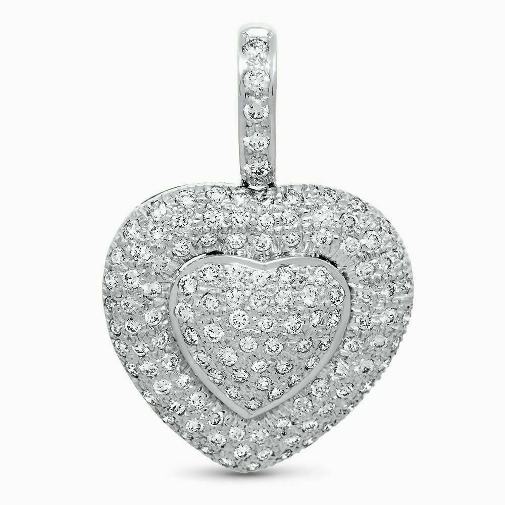 1.37 Carats Micro Pave Diamond Heart Pendant 14K White Gold 1.25 x 0.85 Inch