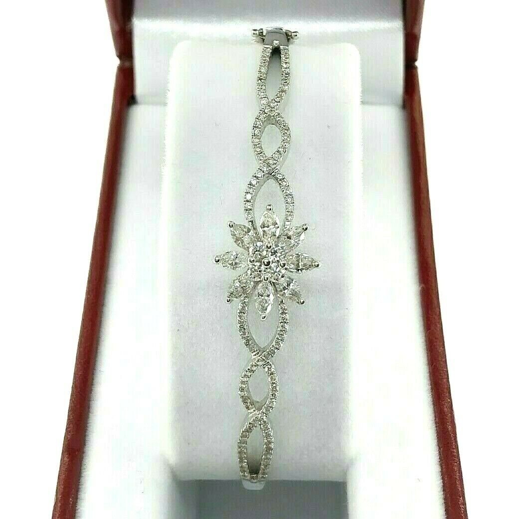 1.32 Carats Marquise & Round Diamond Flower Bangle Bracelet 14 Karat White Gold