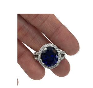 Blue Sapphire Gem Oval Diamond Ring White Gold 14kt