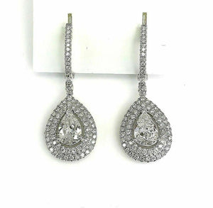 2.35 Carats t.w. Double Halo Diamond Dangle Hinge Earrings 18K 1.45 Pear Centers