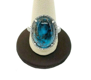 Fine 13.12 Carats Diamond and Natural Blue Turquoise Halo Ring 14K White Gold