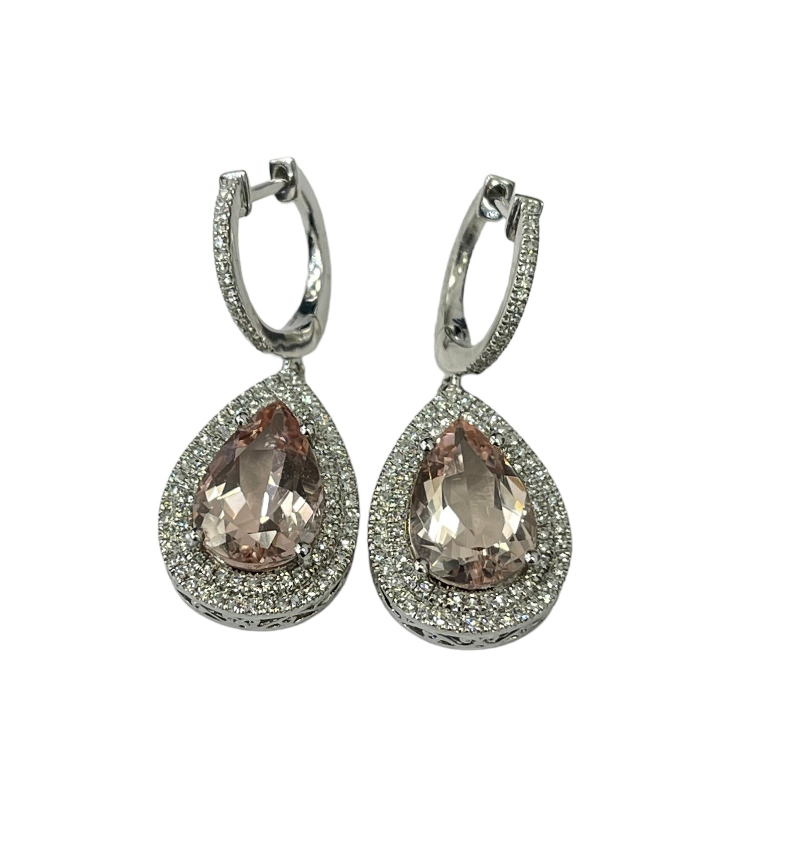 Morganite Gem Diamond Dangling Earrings White Gold 14kt