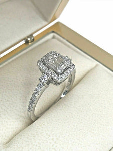 0.68 TCW Halo Baguette & Round Diamond 18K White Gold Engagement Ring Size 6.75