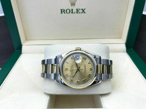 Rolex Datejust 36mm 18k Gold and Steel Watch Roman Dial Smooth Bezel 16233