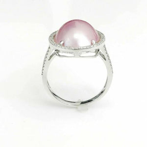 16 mm Pink Oval Pearl Ring with Halo Diamond in 14K White Gold
