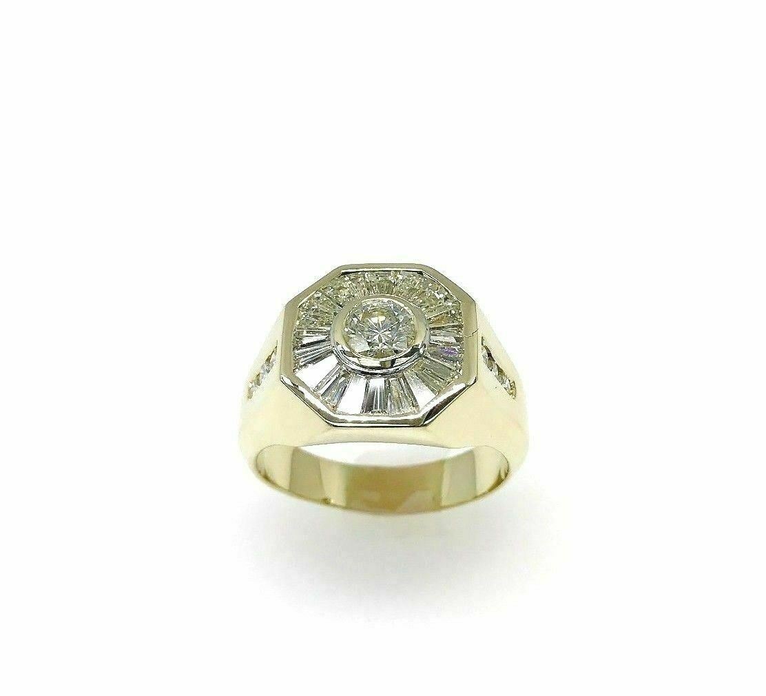 3.60 Carats Round and Baguette Diamond Signet Mens Ring 14K Yellow Gold 14 Grams
