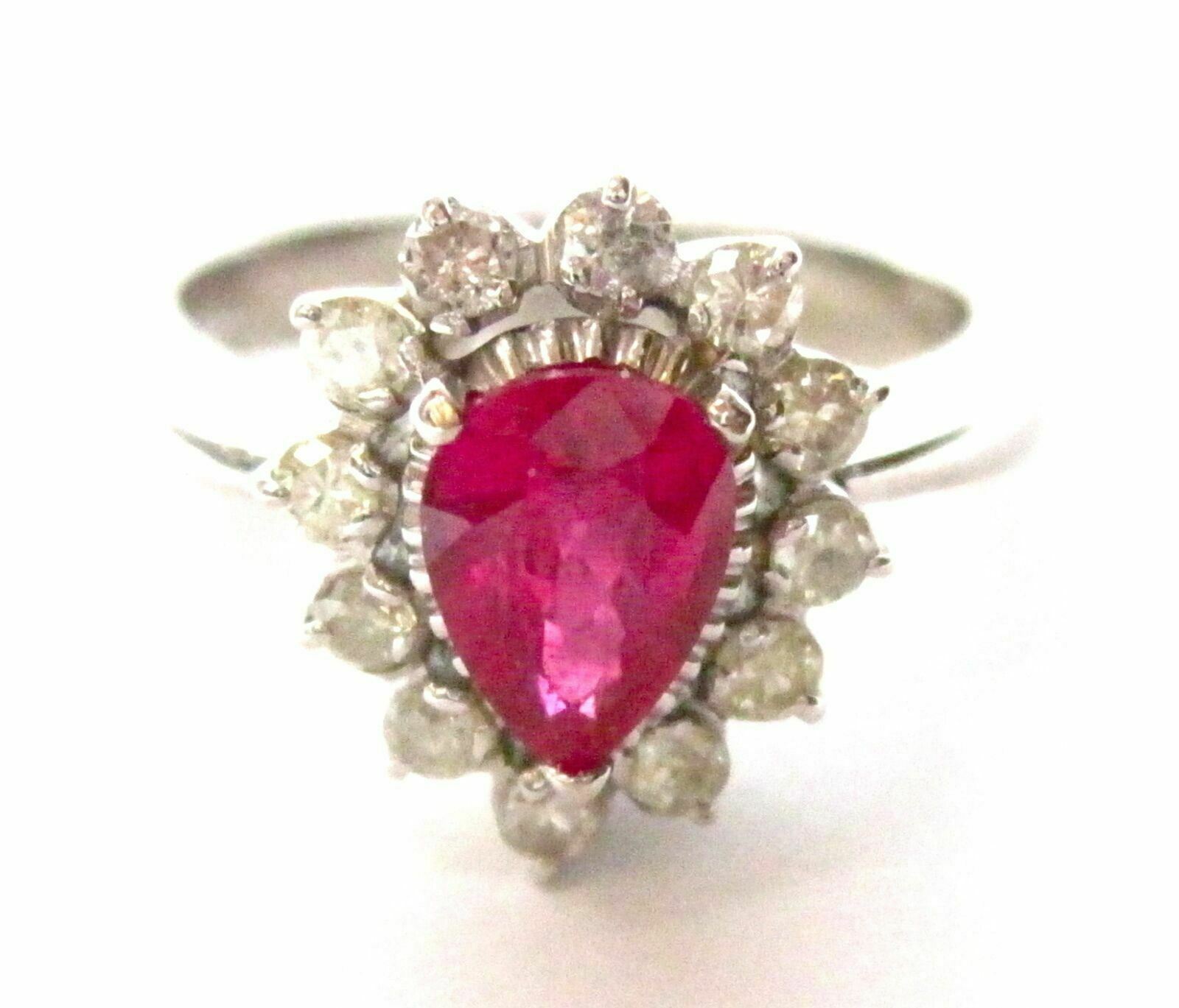 .80Ct Pear Shape Red Ruby & Diamond Accents Cocktail Ring Size 8 14k White Gold
