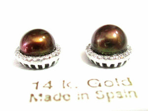 7mm Silverish Bronze Pearl & Diamond Accents Stud Earrings 14k White Gold