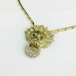 3.55 Carats t.w. Diamond and Emerald Lion's Mane w Necklace Solid 18K Gold