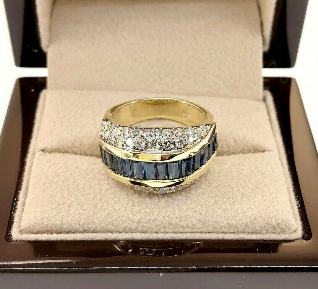 Fine 2.97 Carats t.w. Blue Sapphire & Pave Diamond 3 Sided Anniversary Ring 14K