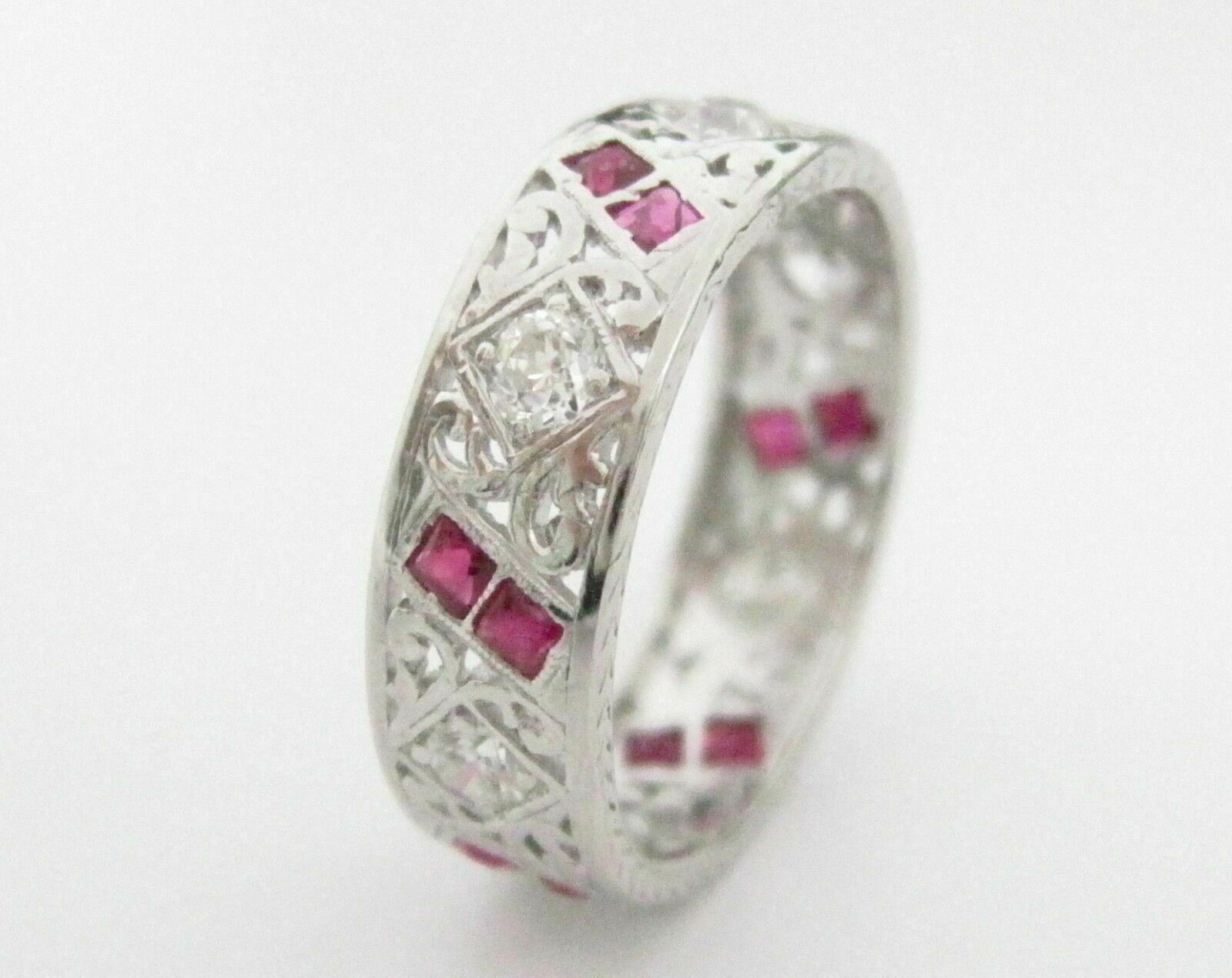 1.50 TCW Art-Deco Style Natural Round Red Ruby & Diamonds Ring Size 6 PLATINUM