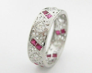 1.50 TCW Art-Deco Style Natural Round Red Ruby & Diamonds Ring Size 6 PLATINUM