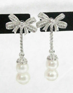 33.15Ct Freshwater Pearl & Diamond Dangling/Drop Ribbon Earrings 18k White Gold