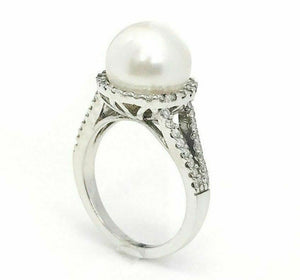 10 mm Round Pearl Ring with Halo Diamond Accents in 14K White Gold