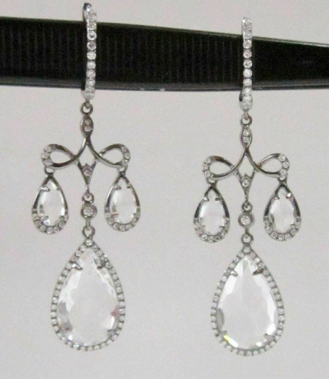 6.0 TCW Natural Pear White Topaz & Diamonds Dangling Chandelier Earrings 14k WG