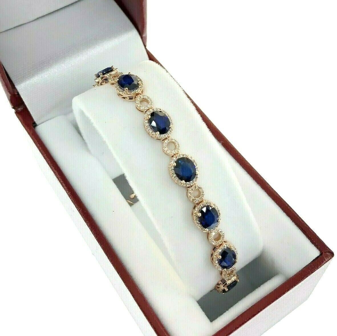 10.87 Carats Blue Sapphire and Diamond Halo Tennis Bracelet 14K Rose Gold