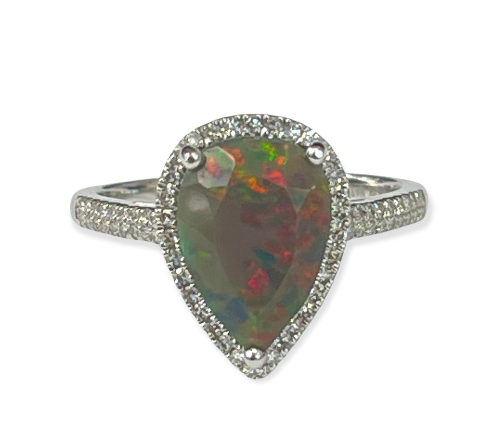 Opal Gem Halo Pear Diamond Ring White Gold 14kt