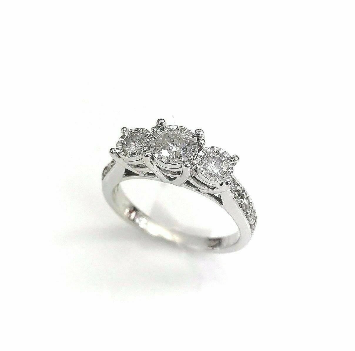 0.78 Carats 3 Stone Round Brilliant Cut Diamond Wedding Ring w Side Diamonds 14K