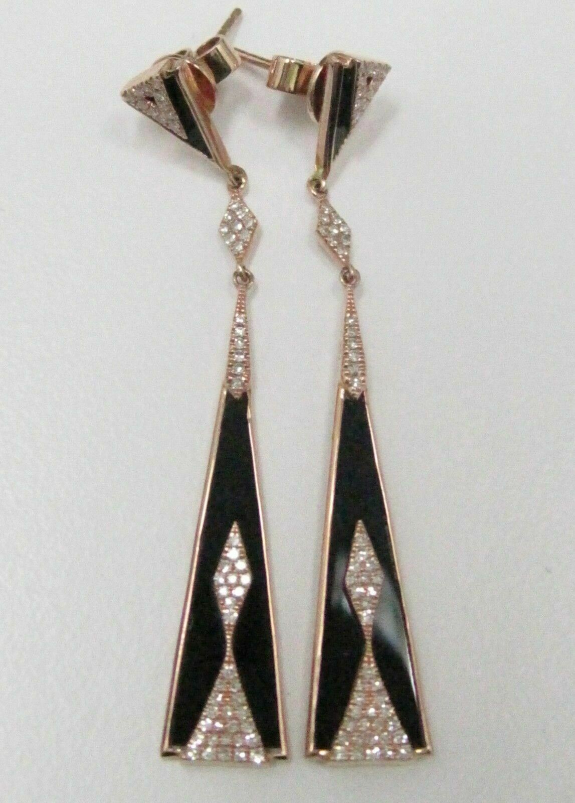 .35 TCW Natural Elongated BLACK ONYX Diamond Dangle Earrings 14kt Rose Gold